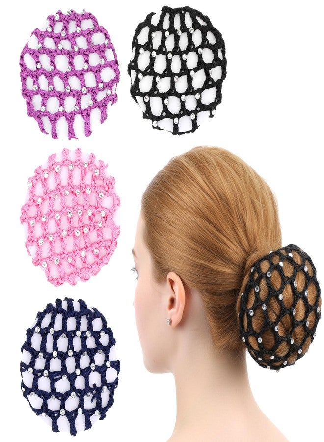 Alrhso 4 Pcs Hair Nets for Buns with Rhinestones, Elastic Women Hair Nets Handmade Crochet Bun Net for Ballet, Gymnastics, Figure Skating, Dancer (Black, Purple, Pink, Navy Blue) - Image 1